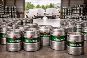 almacén de distribución con barriles de cerveza