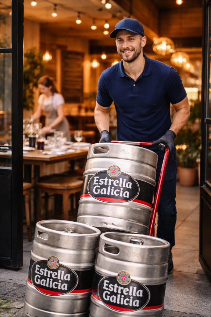 Repartidor entregando Estrella Galicia en un restaurante de Madrid