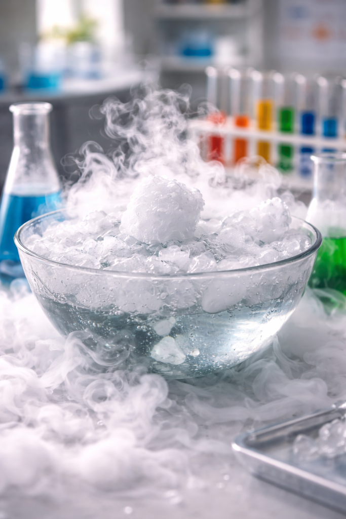 Demostración escolar de sublimación con hielo seco