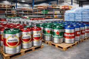 almacén profesional con barriles de cerveza listos para reparto