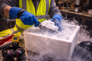 manipulación profesional de hielo seco en cocina de hotel