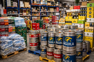 almacén con barriles de cerveza preparados para distribución