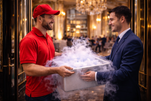 repartidor entregando hielo seco en hotel de Madrid para evento gastronómico