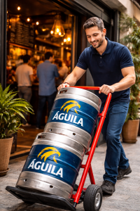 repartidor entregando barril de cerveza águila en restaurante