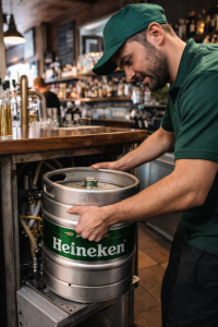 repartidor entregando barril heineken en restaurante